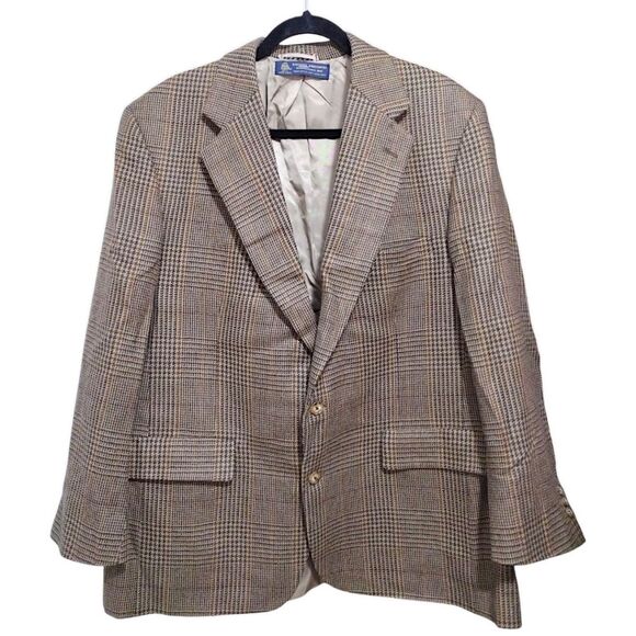 Brooks Brothers Glen Plaid Sport Coat Size 46 R Brown/Tan/Navy VTG 80s 90s